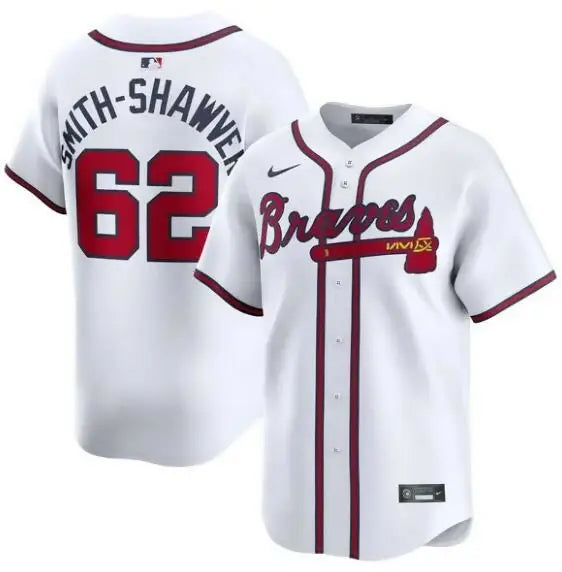 White Atlanta Braves AJ Smith-Shawver Nike Home Limited Player Jersey on display