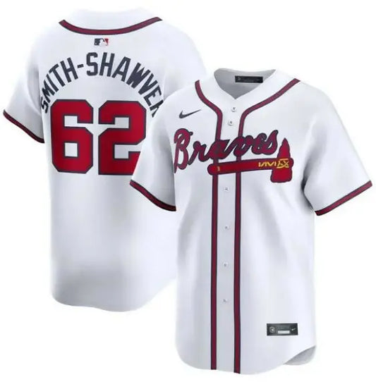 White Atlanta Braves AJ Smith-Shawver Nike Home Limited Player Jersey on display
