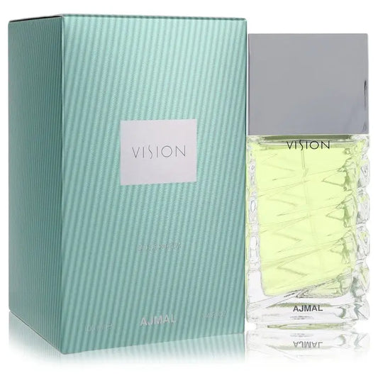 Ajmal Vision by Ajmal parfum spray with green accords, textured glass bottle and silver cap