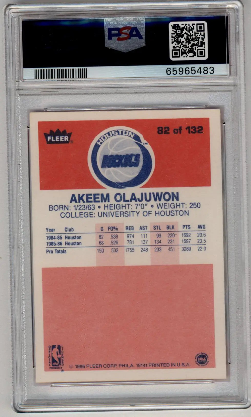 Akeem Olajuwon Fleer rookie basketball card 1986-87 PSA 8 near mint mint