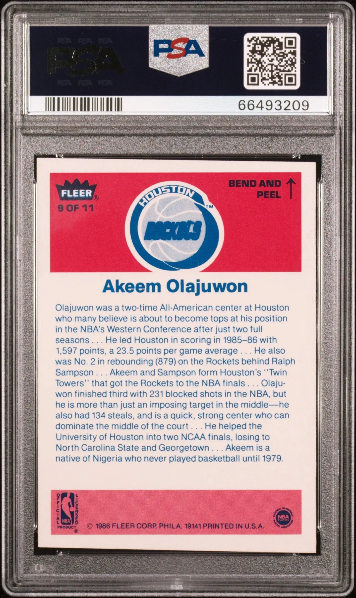 PSA-graded Akeem Olajuwon Fleer Stickers trading card back with biographical text