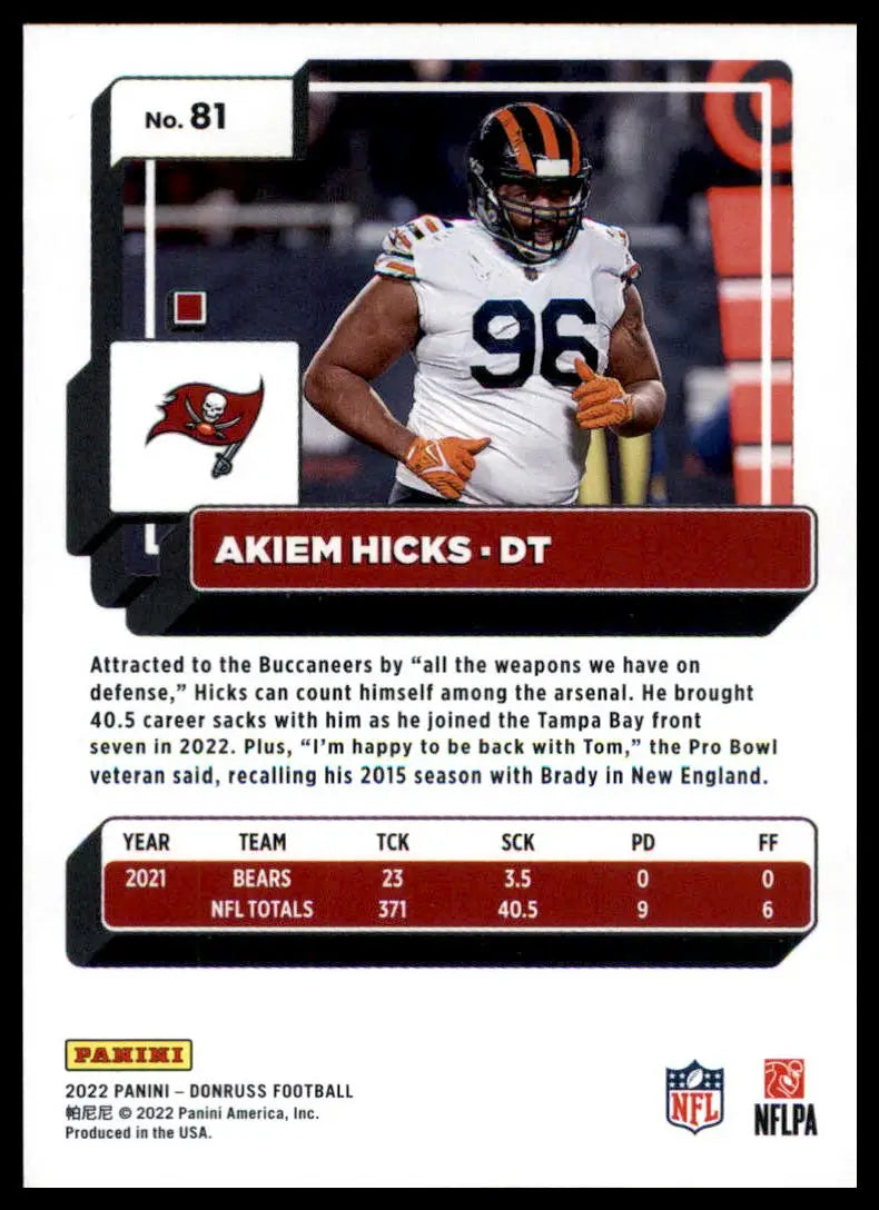 Akiem Hicks football card from 2022 Donruss series showcasing Tampa Bay Buccaneers player