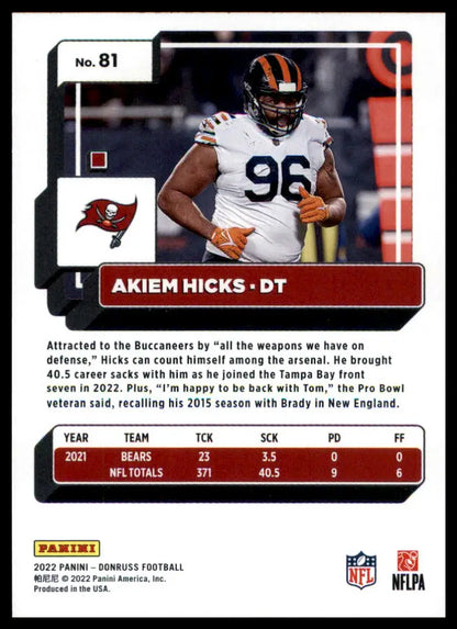 Akiem Hicks football card from 2022 Donruss series showcasing Tampa Bay Buccaneers player