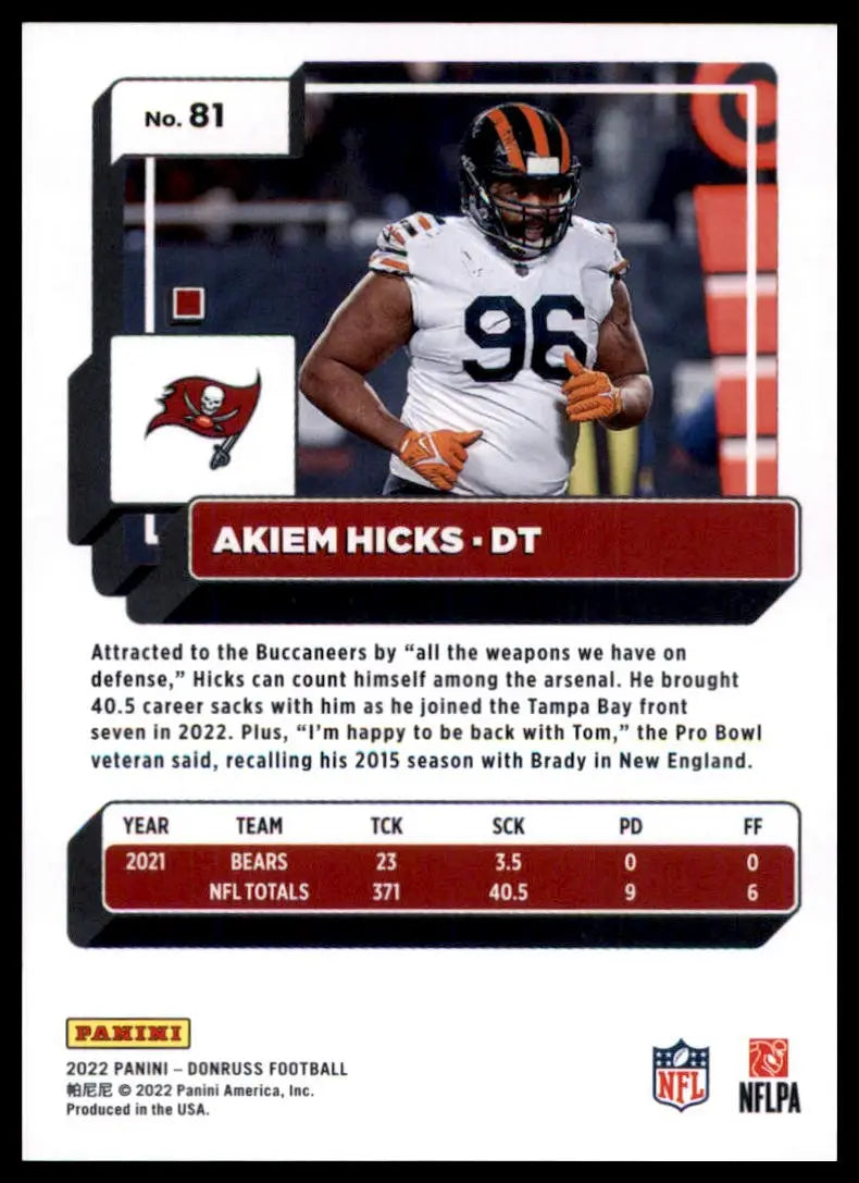 Akiem Hicks football card from 2022 Donruss series featuring Tampa Bay Buccaneers