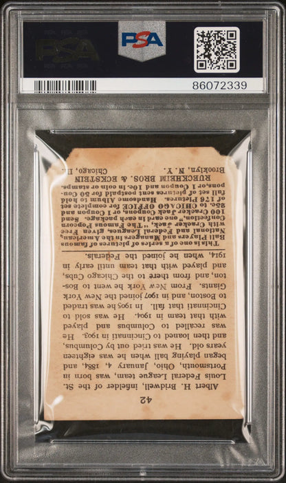 Graded Al Bridwell 1915 Cracker Jack baseball card PSA 1 Poor display