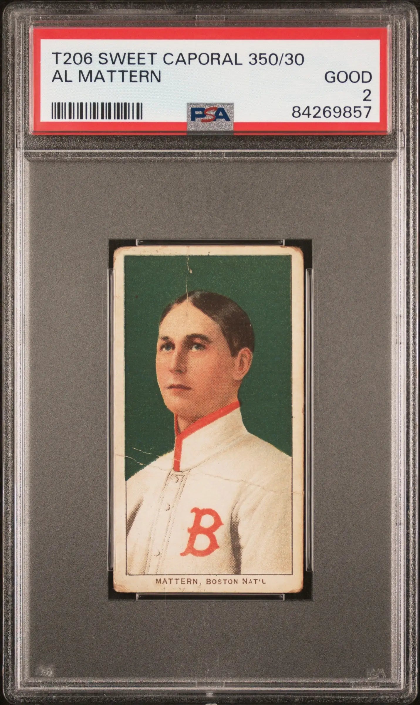 PSA-graded T206 Sweet Caporal card of Boston player in white uniform with red B