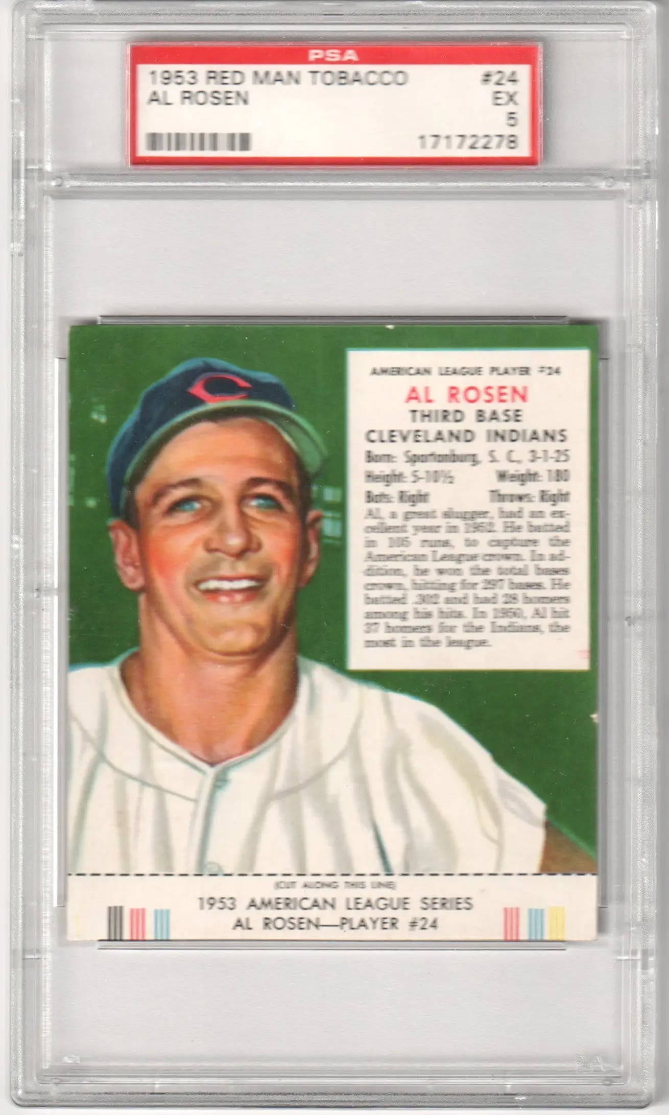Graded 1953 Red Man Tobacco Al Rosen baseball card, PSA 5 EX, from Columbia Hobby