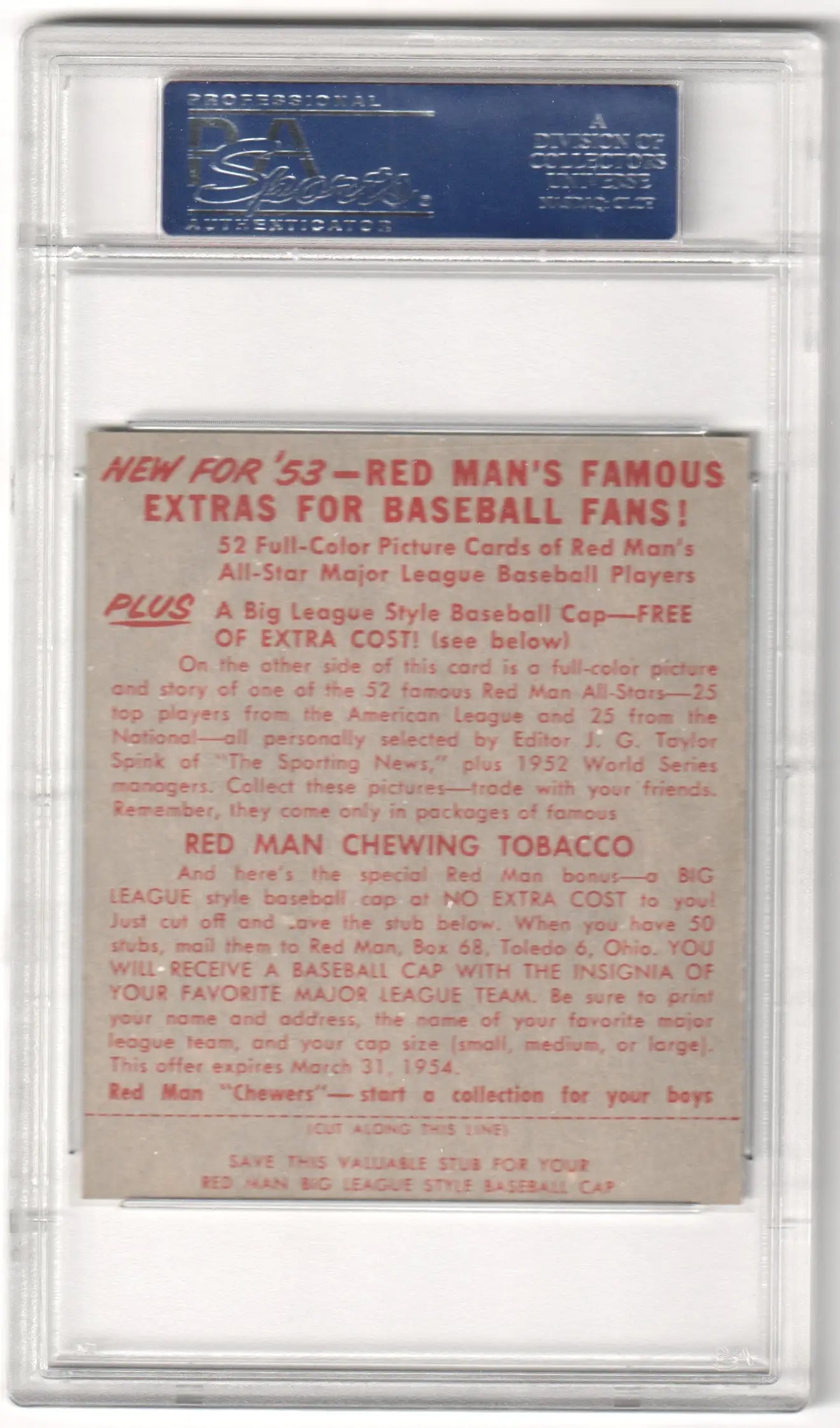 Graded Red Man baseball card advertisement for AL ROSEN 1953 Red Man Tobacco from Columbia Hobby