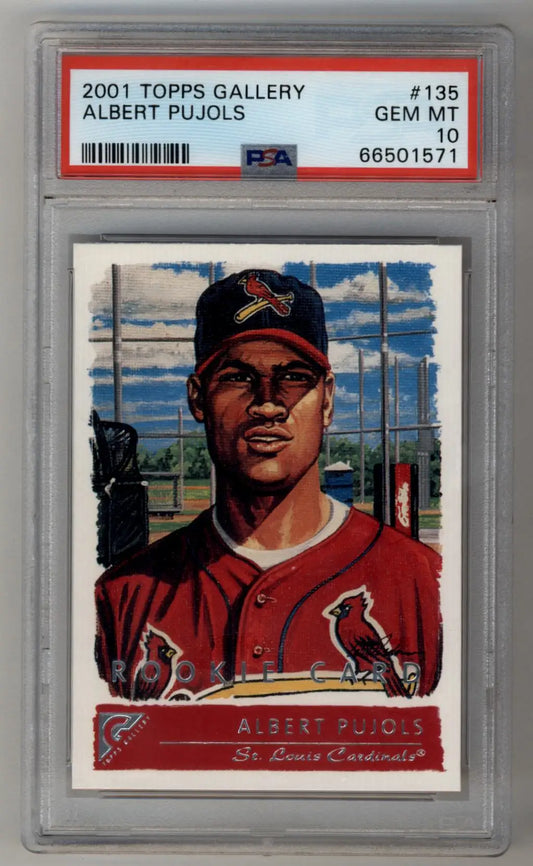 PSA 10 Gem Mint Albert Pujols rookie card from 2001 Topps Gallery in red uniform