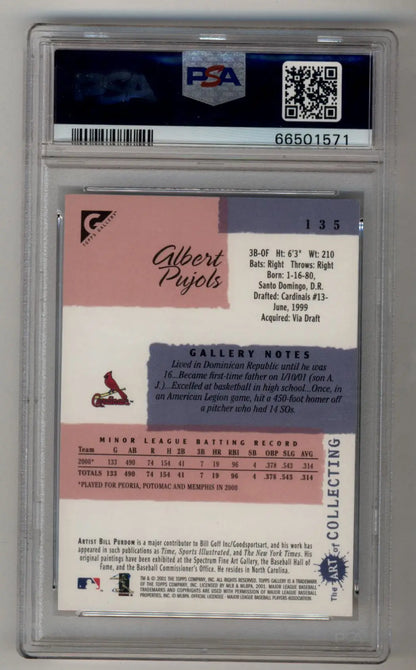 Albert Pujols 2001 Topps Gallery Rookie PSA 10 card in a protective case with pink back