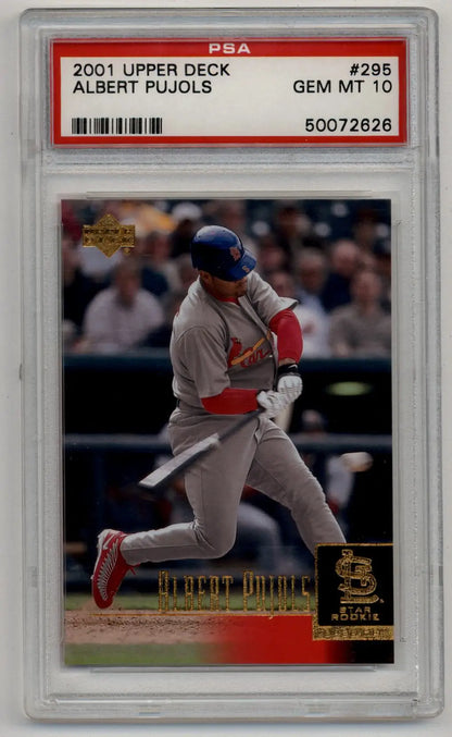 PSA-graded Albert Pujols 2001 Upper Deck Rookie #295 card in protective case