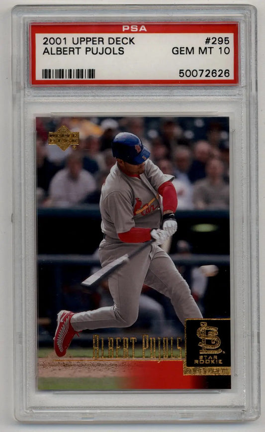 PSA-graded Albert Pujols 2001 Upper Deck Rookie #295 card in protective case
