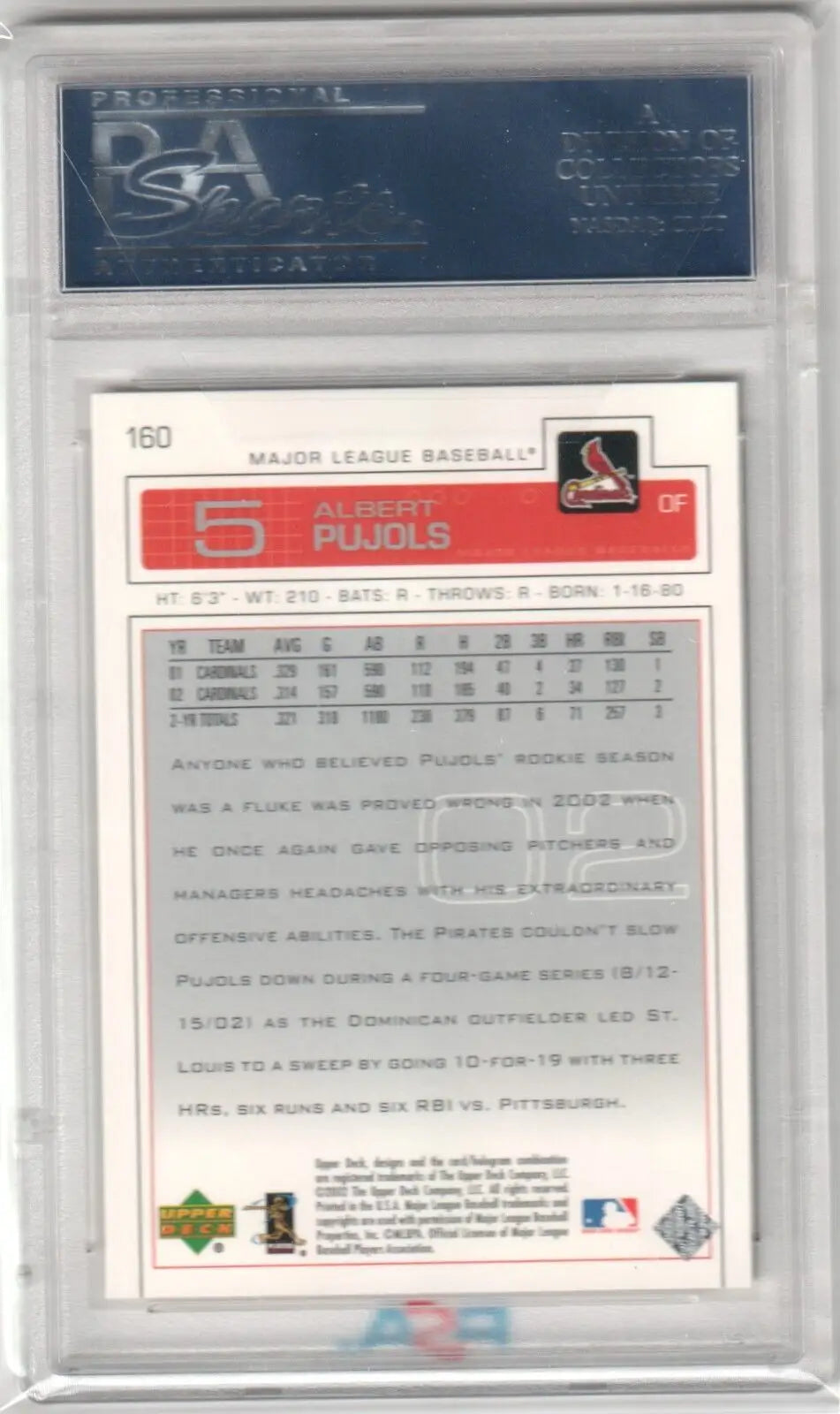 PSA-graded Albert Pujols 2003 Upper Deck #160 card in protective case from Columbia Hobby