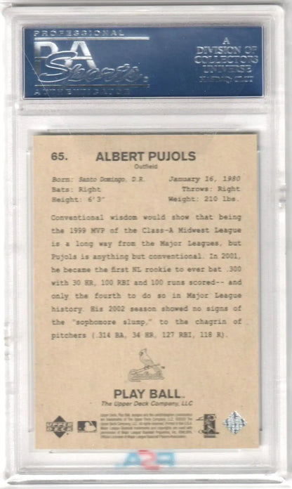 Graded Albert Pujols baseball card from 2003 Upper Deck Play Ball showcasing single cards and Columbia Hobby on eBay store