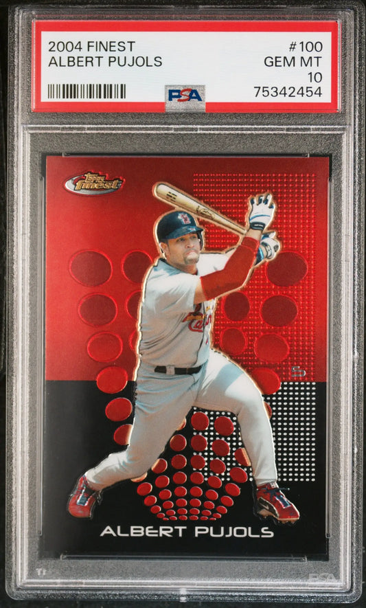 Graded Albert Pujols 2004 Topps Finest #100 PSA 10 Gem Mint card from Columbia Hobby
