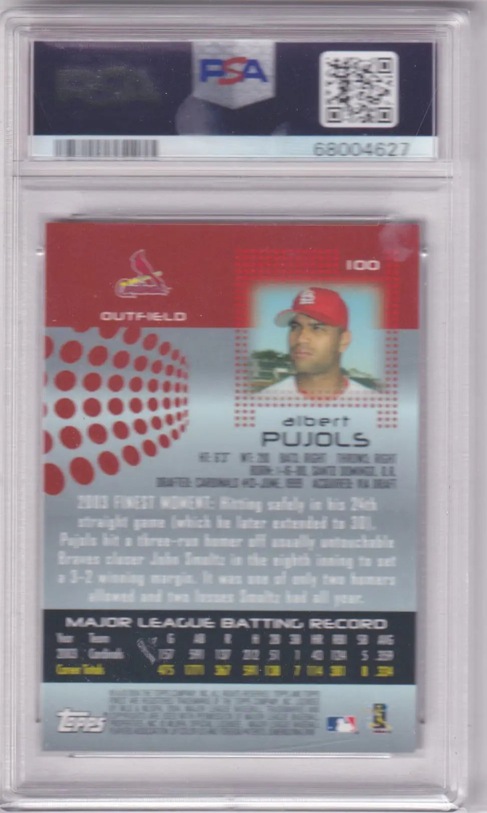Graded Albert Pujols baseball card from Topps Finest by Columbia Hobby in PSA 10 GEM MNT