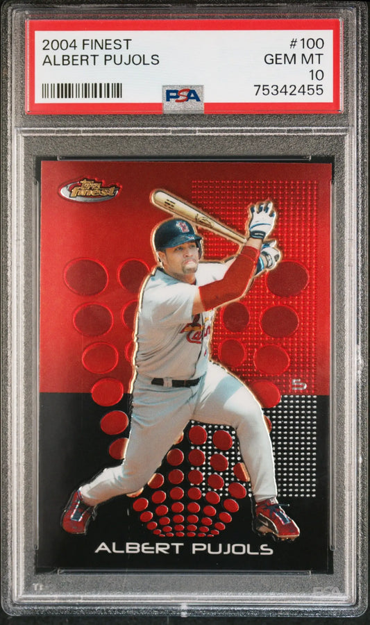 Graded Albert Pujols 2004 Topps Finest #100 PSA 10 GEM MNT baseball card from Columbia Hobby