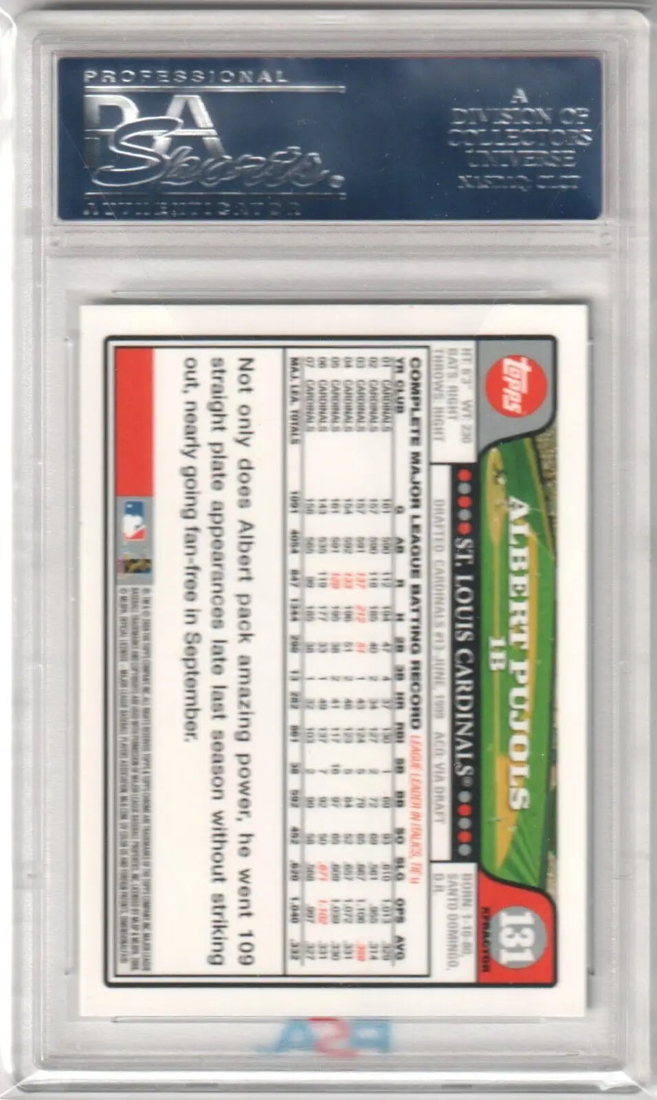 Baseball trading card encased in protective holder ALBERT PUJOLS 2008 Topps Chrome Xfractor
