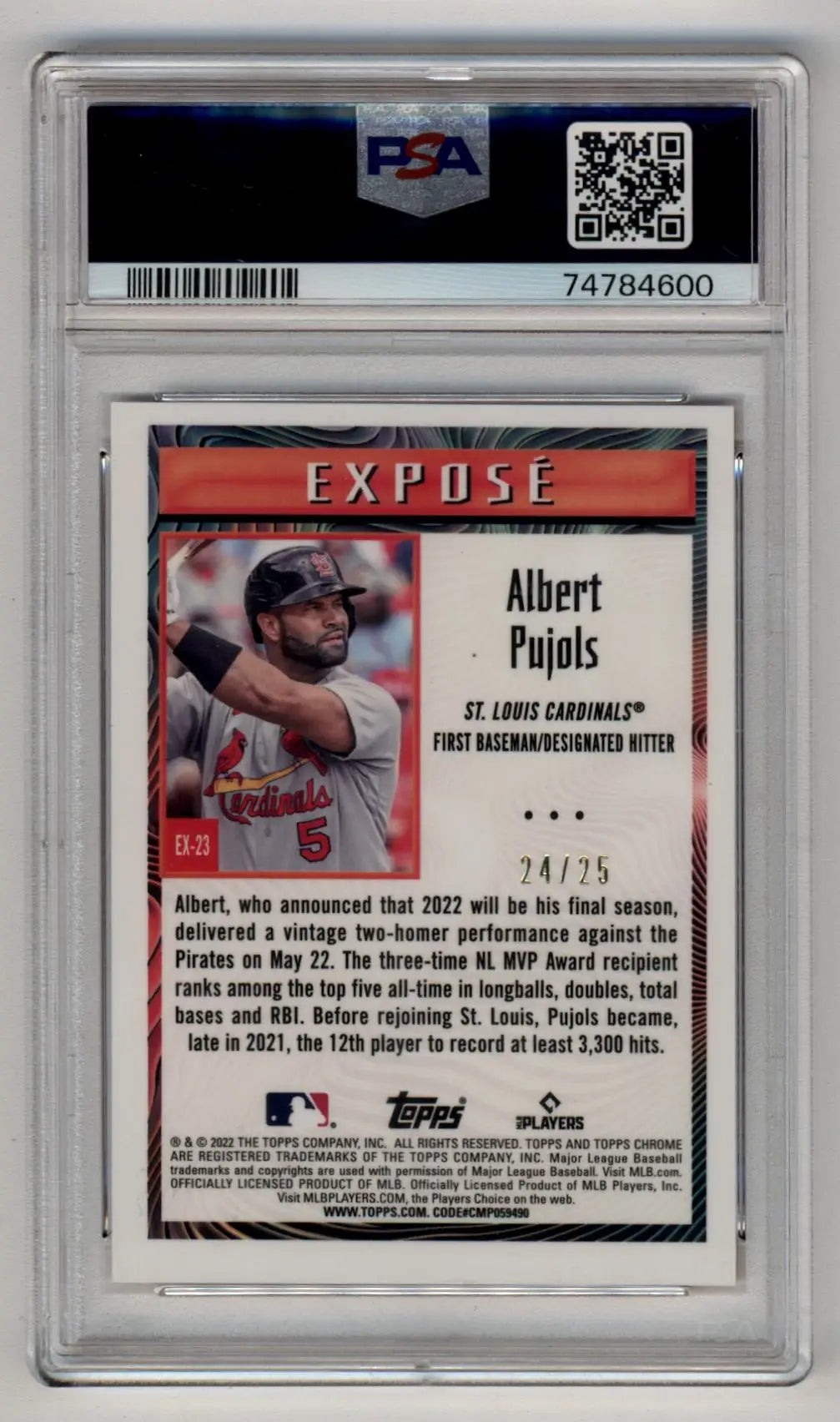 Albert Pujols 2022 Topps Chrome Sonic Expose baseball card serial 24/25 PSA 10