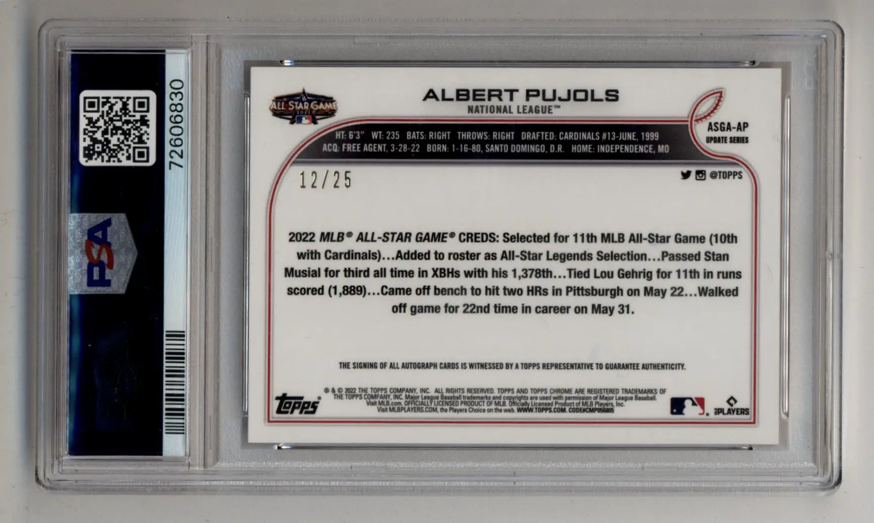 Graded Albert Pujols baseball card with star game auto and orange refractor finish