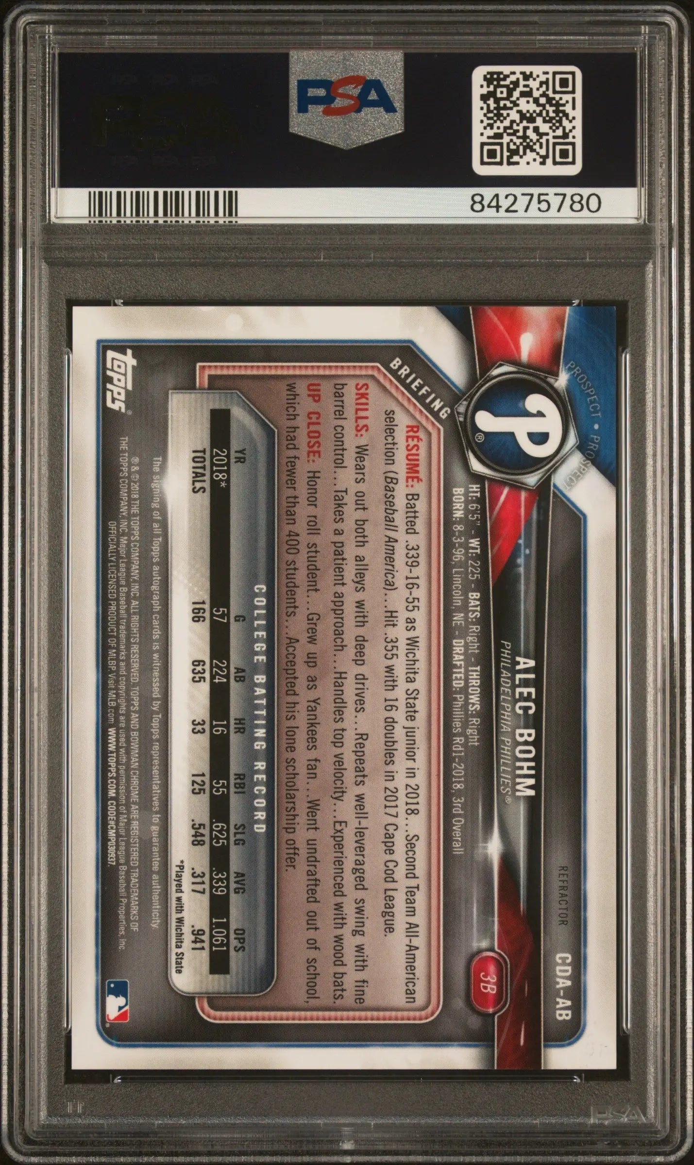 Graded Alec Bohm Bowman Draft Chrome Refractor Auto trading card PSA 10 Gem Mint