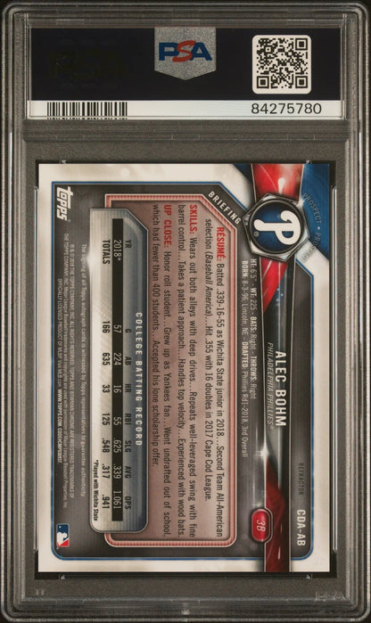 Graded Alec Bohm Bowman Draft Chrome Refractor Auto trading card PSA 10 Gem Mint