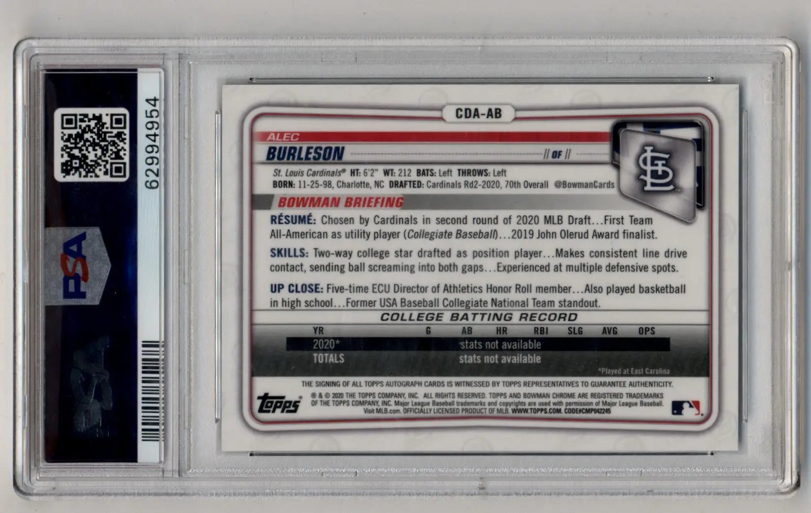 Alec Burleson Bowman Chrome Draft trading card in protective slab, Black Refractor Auto