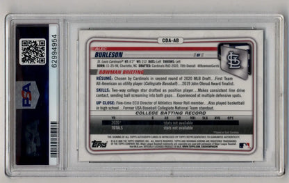 Alec Burleson Bowman Chrome Draft trading card in protective slab, Black Refractor Auto