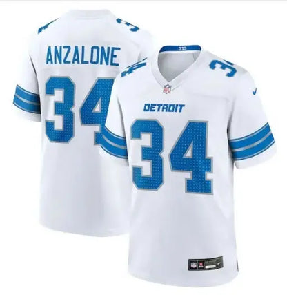 White Detroit Lions Alex Anzalone #34 Nike football jersey displayed in product image