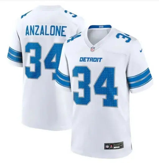 White Detroit Lions Alex Anzalone #34 Nike football jersey displayed in product image