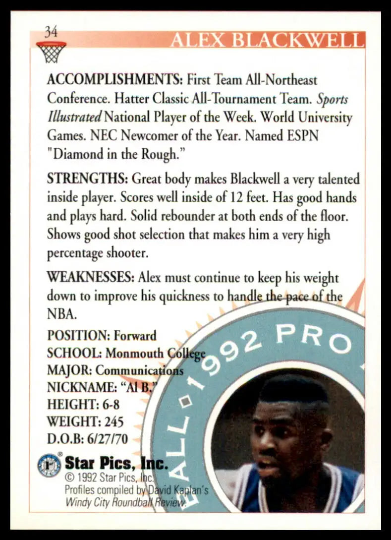 Alex Blackwell basketball card from Star Pics series in the 1992 Monmouth Hawks collection
