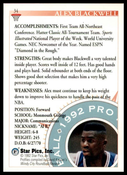 Alex Blackwell Star Pics basketball card from 1992 Monmouth Hawks collection