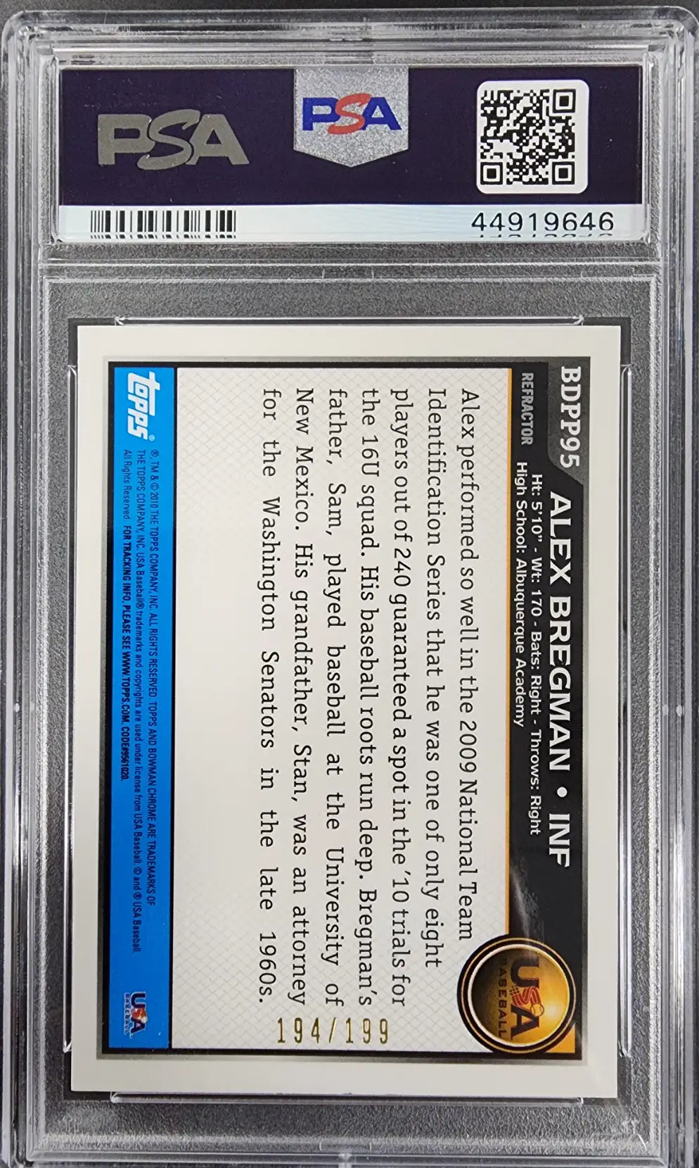 Graded Alex Bregman Bowman Chrome Blue Refractor trading card PSA 10 Gem Mint