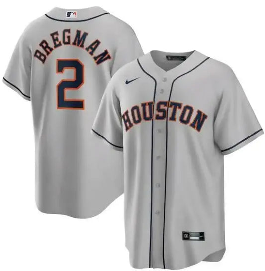 Gray Houston Astros Alex Bregman replica player jersey displayed for sale