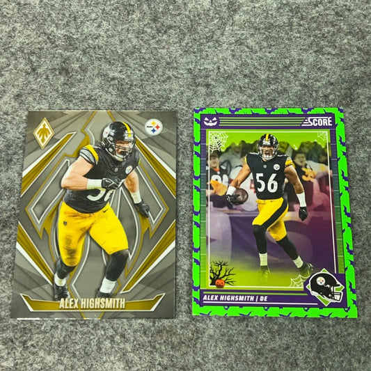 Two collectible Alex Highsmith 2024 Pittsburgh Steelers football trading cards displayed