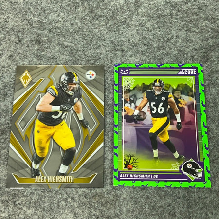 Two collectible Alex Highsmith 2024 Pittsburgh Steelers football trading cards displayed