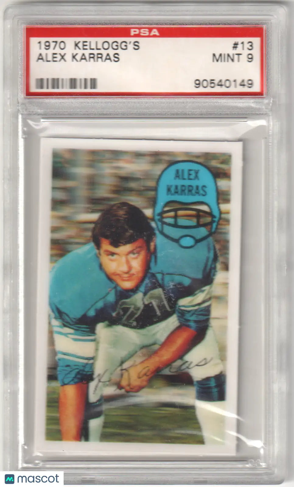 Alex Karras 1970 Kellogg’s football card graded PSA 9 Mint from Columbia Hobby