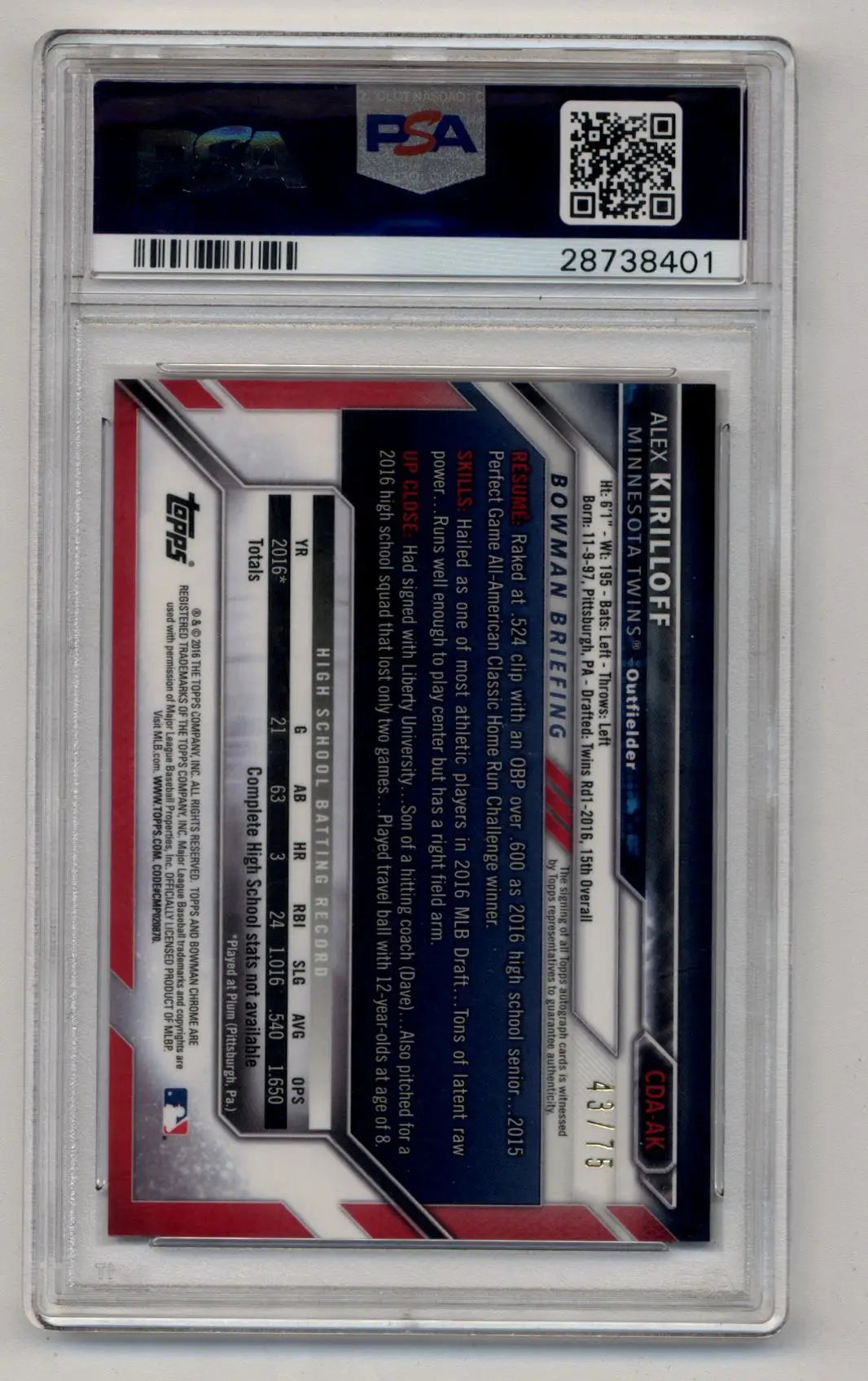 Alex Kirilloff 2016 Bowman Chrome Draft Picks Black Refractor Auto 43/75 PSA 10 Gem Mint - Singles