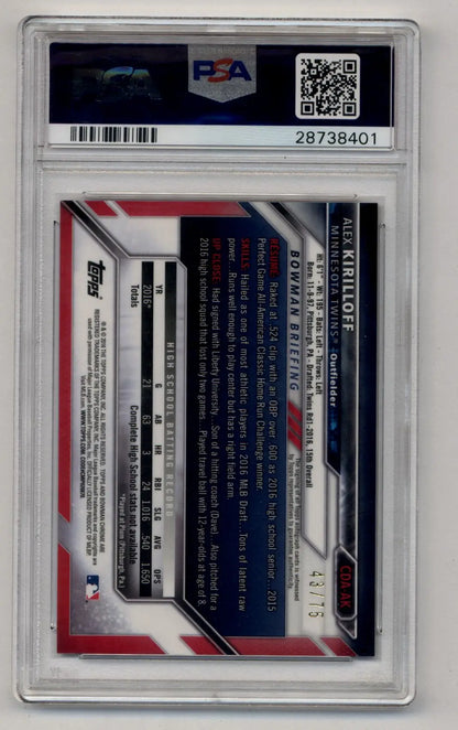 Alex Kirilloff 2016 Bowman Chrome Draft Picks Black Refractor Auto 43/75 PSA 10 Gem Mint - Singles