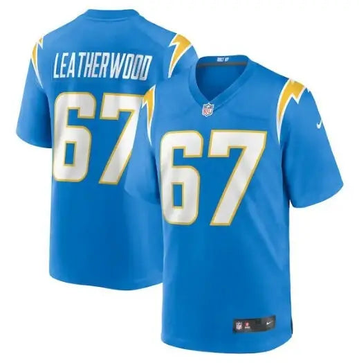 Two light blue Los Angeles Chargers Alex Leatherwood Nike game jerseys with white and yellow accents