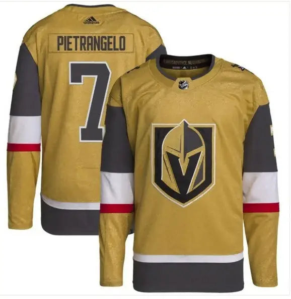 Gold and black Alex Pietrangelo Vegas Golden Knights jersey with number 7 on back