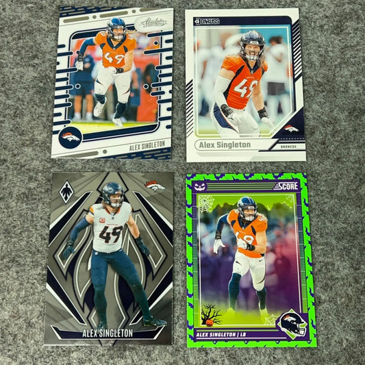 Four football trading cards featuring Alex Singleton of the Denver Broncos in the 2024 complete set