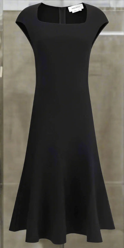 Alexander McQueen black flared mini dress with square neckline and cap sleeves