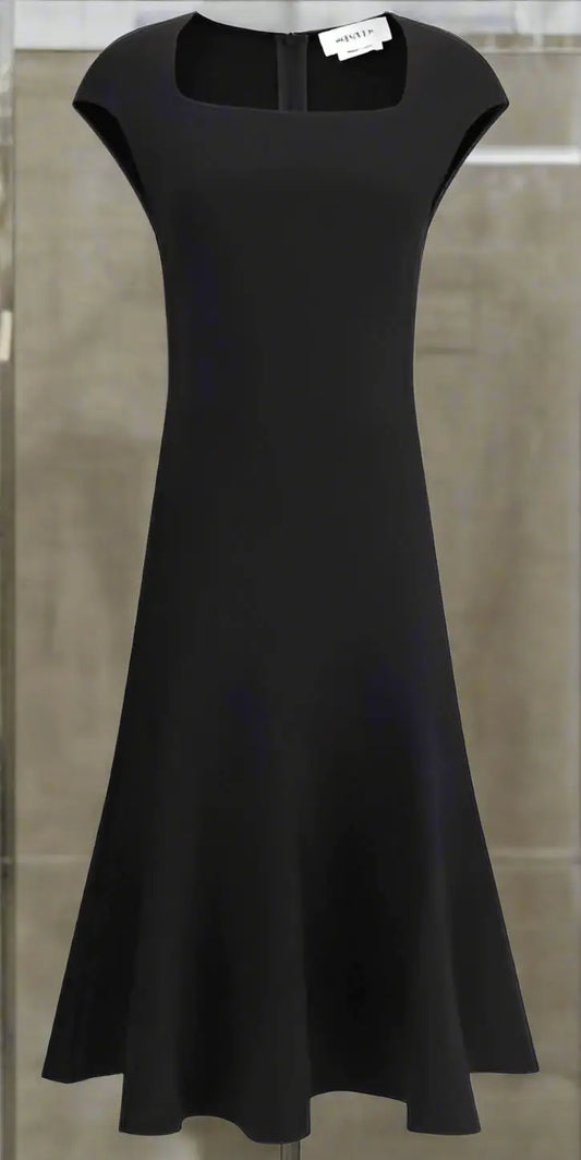 Alexander McQueen black flared mini dress with square neckline and cap sleeves