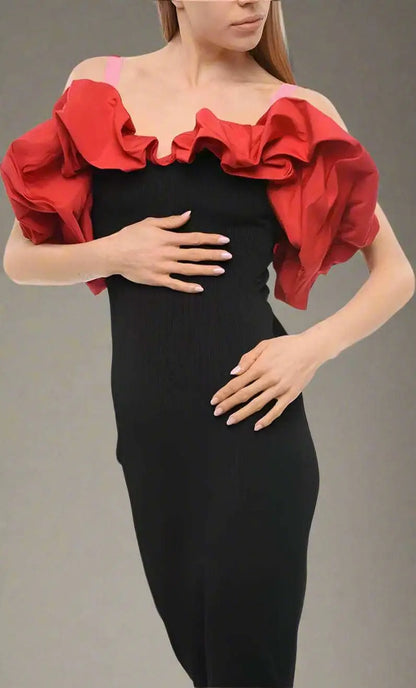 Alexander McQueen knitted off-the-shoulder dress with ruffled red bodice and puffy sleeves