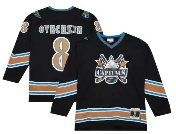 Black long-sleeved hockey jersey with orange and blue stripes and Alexander Ovechkin Washington Capitals logo