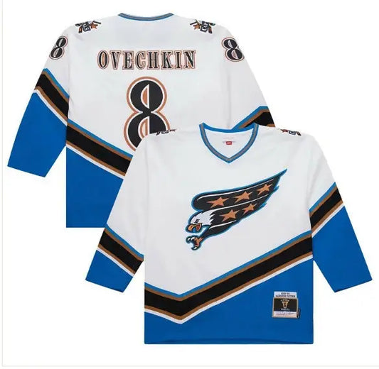 White and blue Alexander Ovechkin Washington Capitals jersey with eagle logo