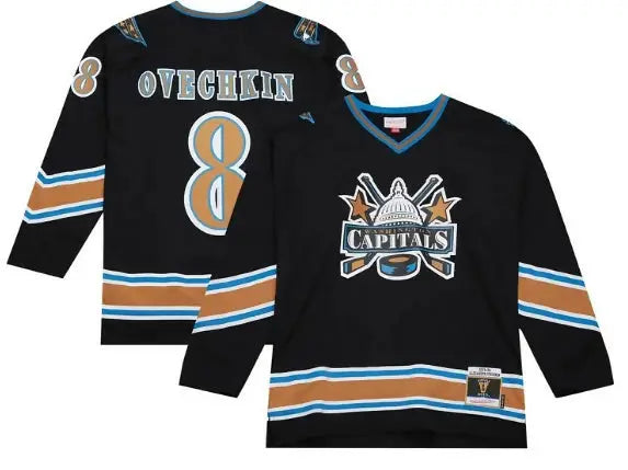 Black long-sleeved hockey jersey with orange and blue stripes featuring Alexander Ovechkin Washington Capitals branding