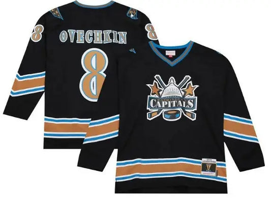 Black long-sleeved hockey jersey with orange and blue stripes featuring Alexander Ovechkin Washington Capitals branding