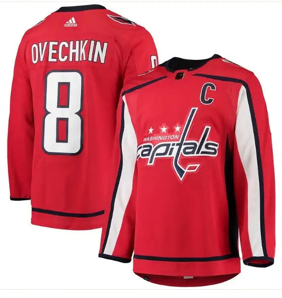 Two red Alexander Ovechkin Washington Capitals adidas jerseys displayed for sale